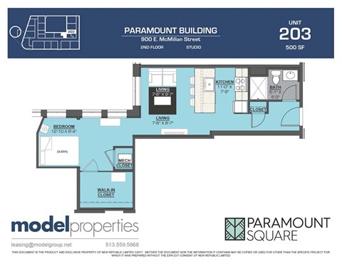 Floor plan for studio, 1 bath, 500 sqft